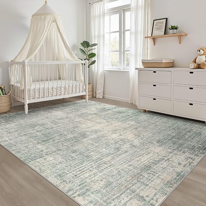 9x12 Area Rug Living Room: Washable Large Neutral Green Rugs Abstract Soft - Image 8