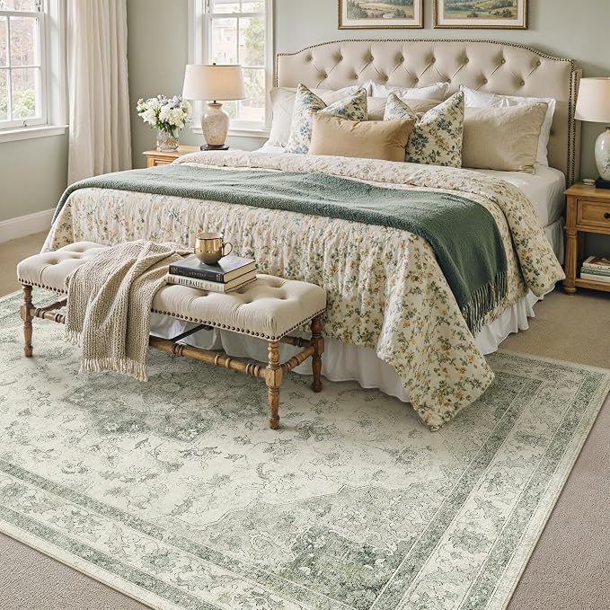 Green Area Rug 8x10 Washable Living Room Carpet Vintage Non Slip Soft Bedroom - Image 6