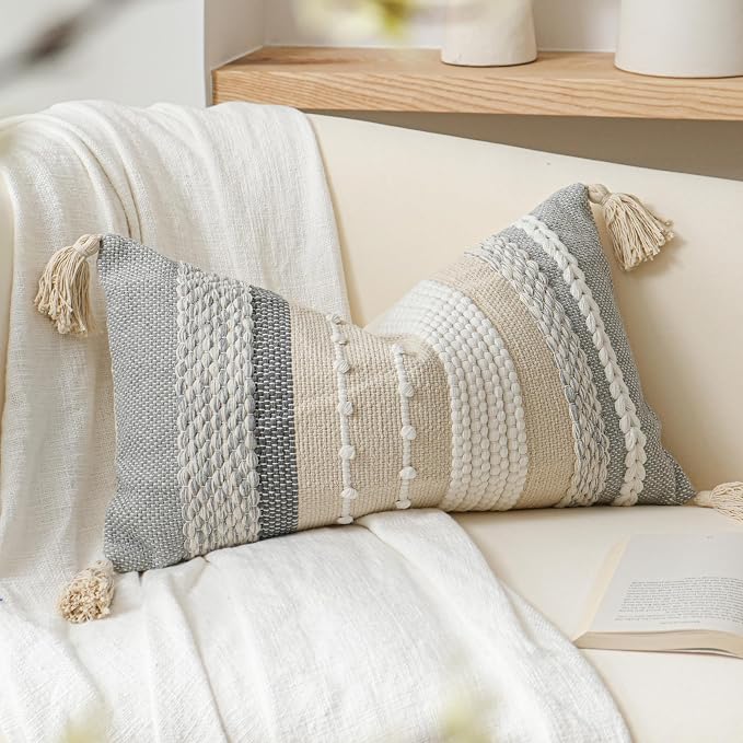 BlissBlush Decorative Lumbar Throw Pillow Cover 14x24 Boho Gray Accent Cushion by BlissBlush