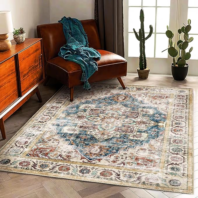Washable Vintage Area Rug 6'x9' Boho Beige Blue Chic Medallion Distressed - Image 3