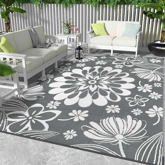 Ileading Outdoor Plastic Straw Rug 9x12ft Funny Floral Style Reversible Patio by Ileading