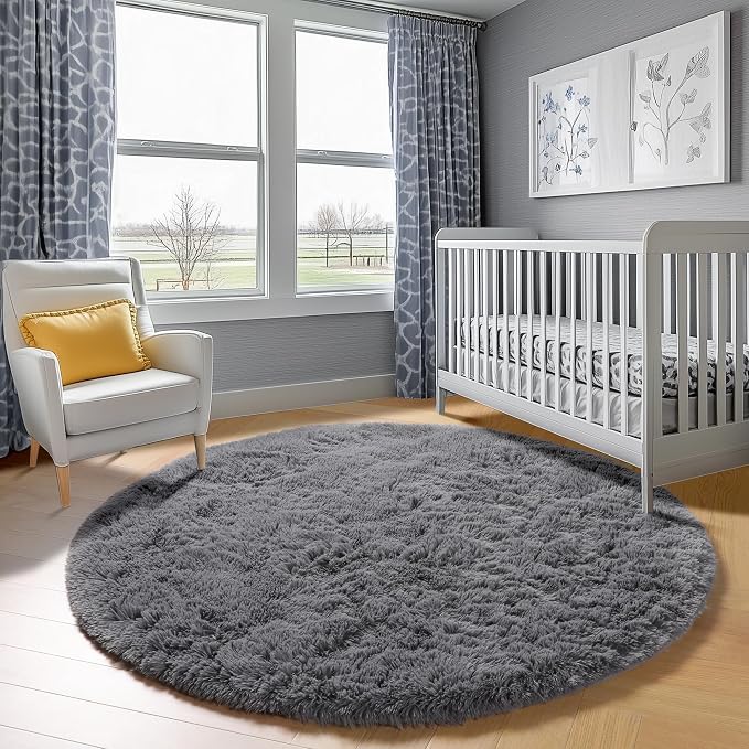 ONASAR Grey Round Area Rug 4ft, Fluffy Plush Shaggy Carpet Mats - Image 7