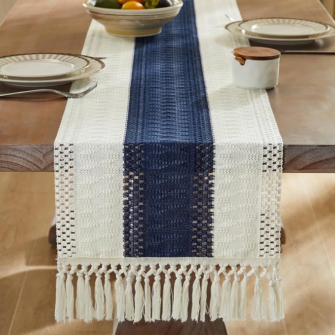 ZeeMart Macrame Style Bicolor Stitching Table Runner, 14 x 60 Inch Navy - Image 3