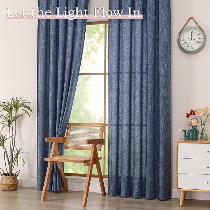 Simplebrand Navy Blue Faux Linen Textured Curtains 63 Inch Length 2 Panels - Image 4