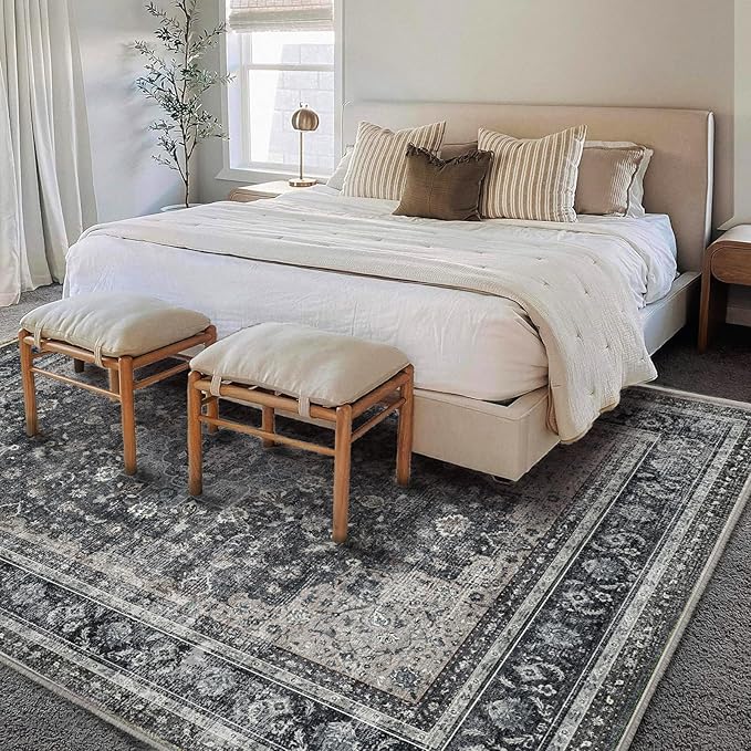 Washable Area Rug 9'x12' Retro Boho Design Non-Shedding Easy Care Ideal - Image 2