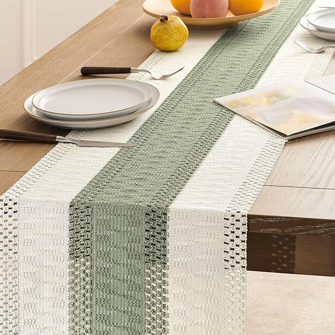ZeeMart Macrame Style Bicolor Stitching Table Runner, 14 x 90 Inch Green/Ivory - Image 5