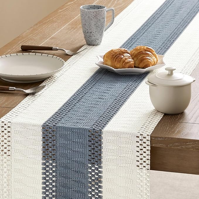 ZeeMart Macrame Style Bicolor Stitching Table Runner, 14 x 60 Inch Navy/Ivory - Image 4