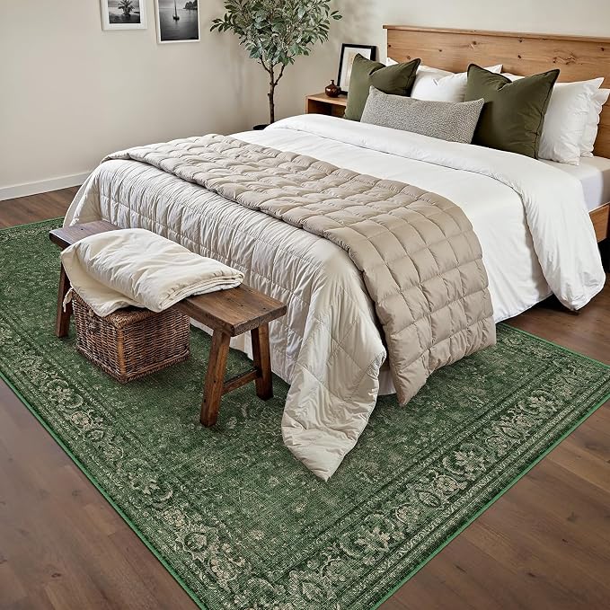 Vintage Area Rug 6x9 Washable Green Living Room Carpet Large Indoor Non Slip - Image 4