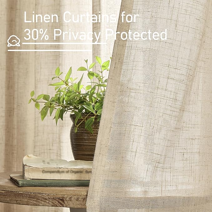 LAMIT Linen Curtains 63 Inch for Bedroom, Light Filtering Neutral Semi Sheer - Image 5