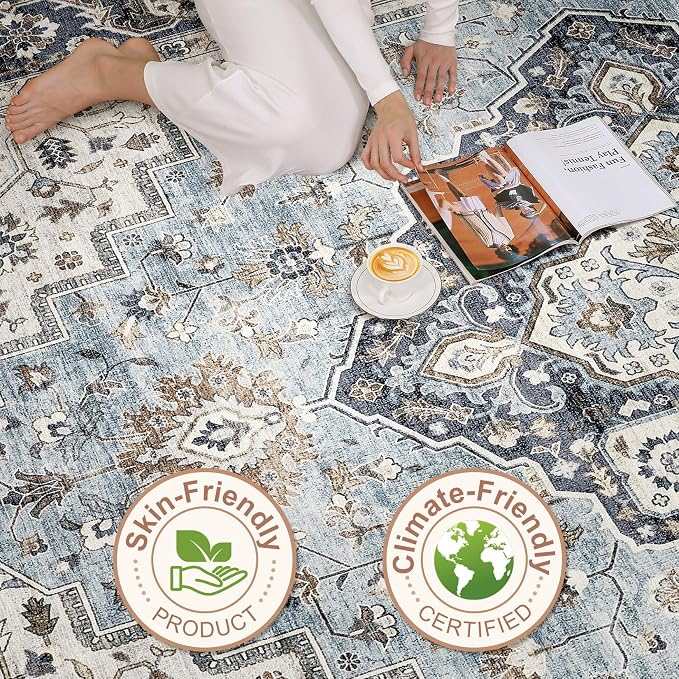 7x9 Area Rug Living Room: Washable Boho Large Neutral Vintage Soft Rugs Stain - Image 8