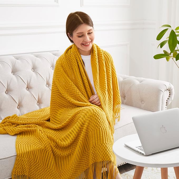 Mustard Yellow Knitted Throw Blankets - Image 3