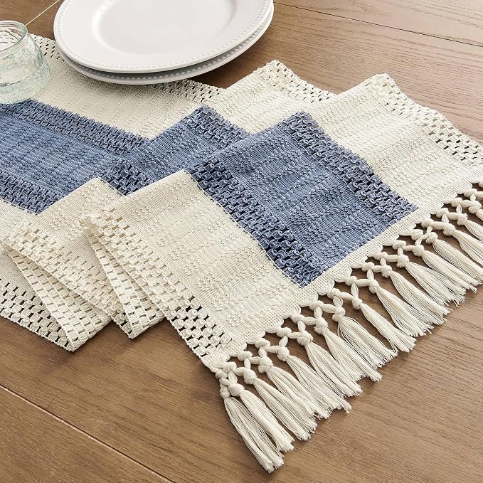 ZeeMart Macrame Style Bicolor Stitching Table Runner, 14 x 72 Inch Blue/Ivory - Image 7