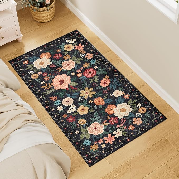 DUKINO 2x4 Rug for Entryway, Washable Kitchen Floral Runner Rug by DUKINO