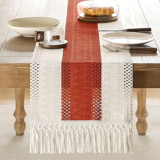 ZeeMart Macrame Style Bicolor Stitching Table Runner, 14 x 48 Inch Orange/Ivory - Image 2