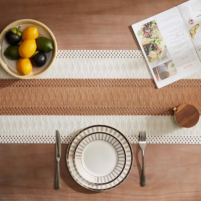 ZeeMart Macrame Style Bicolor Stitching Table Runner, 14 x 108 Inch - Image 4