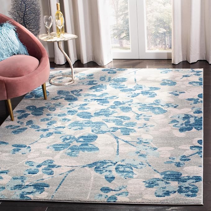 SAFAVIEH Evoke Collection 4' x 6' Grey/Light Blue EVK236J Floral Non-Shedding by SAFAVIEH