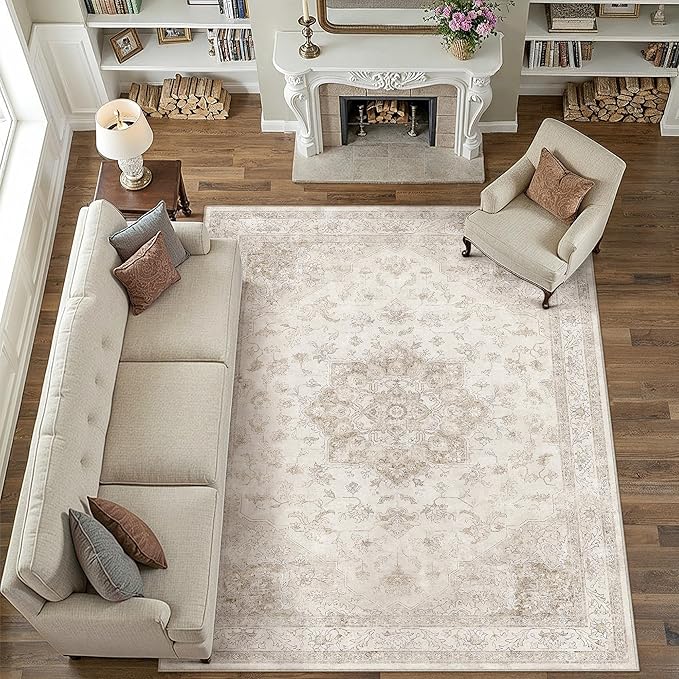 Beige Area Rug 10x14 Washable Living Room Carpet Vintage Non Slip Soft Bedroom - Image 6