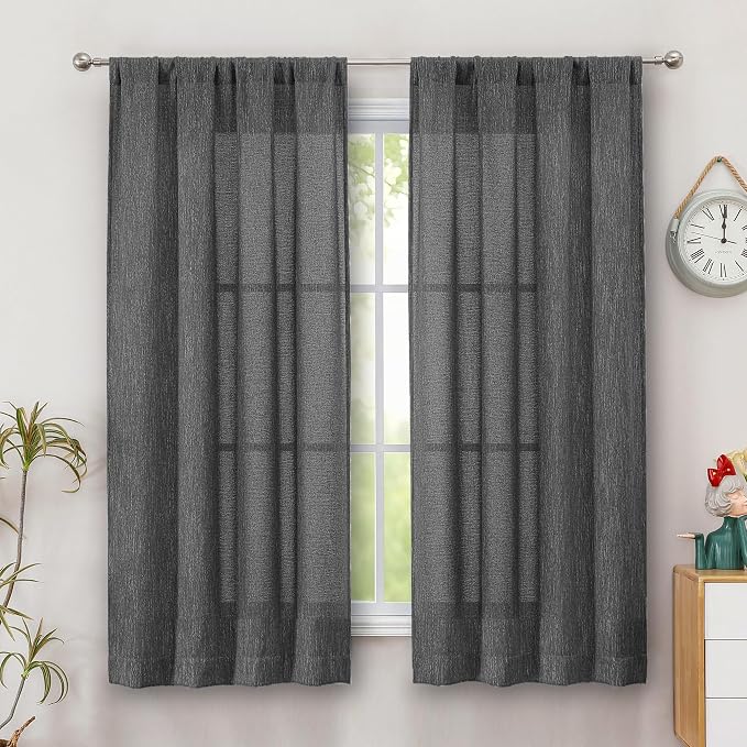 Simplebrand Grey Faux Linen Textured Curtains 63 Inch Length 2 Panels by Simplebrand