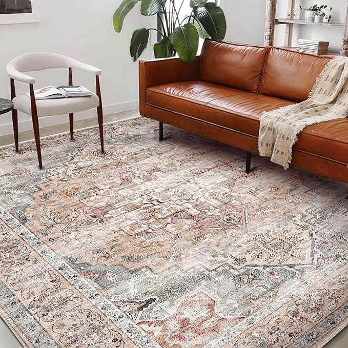 Washable Area Rug 10'x14' Light Cyan and Light red Retro Flowers Boho Design - Image 2