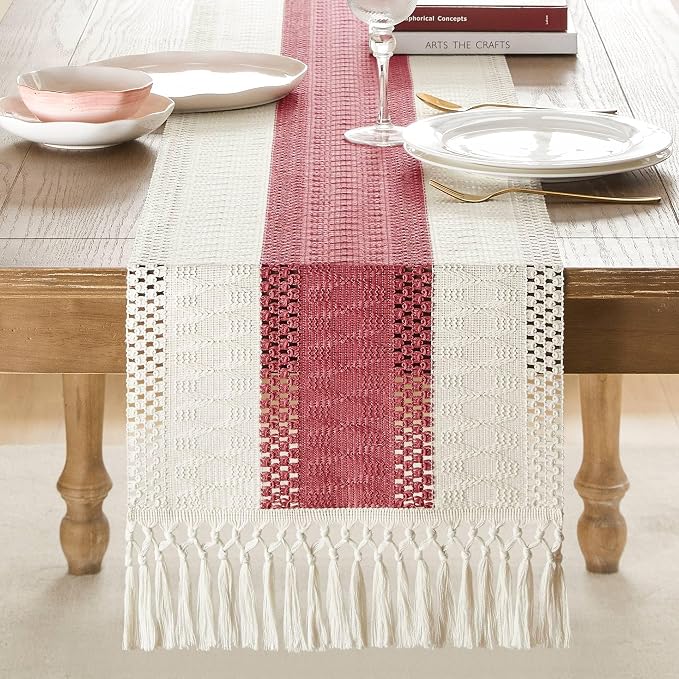 ZeeMart Macrame Style Bicolor Stitching Table Runner, 14 x 72 Inch Dusty - Image 2