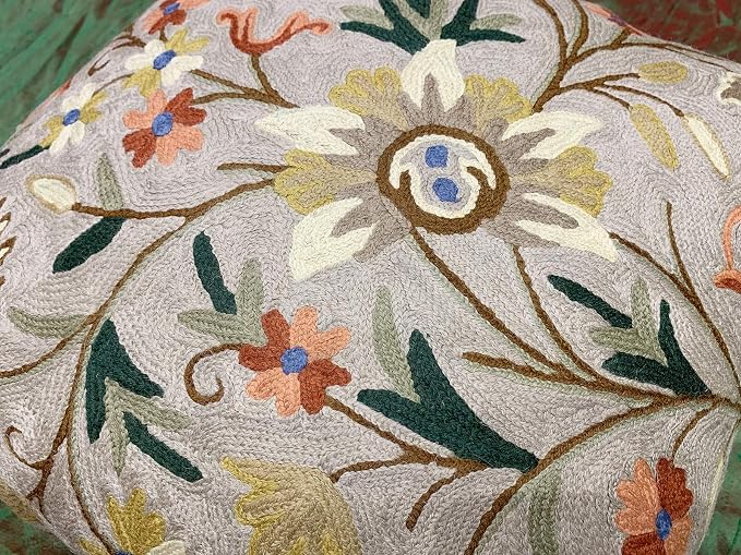 Beige Floral Pillow Cover Taupe Flower Traditional Hand Embroidered Pillowcase - Image 8