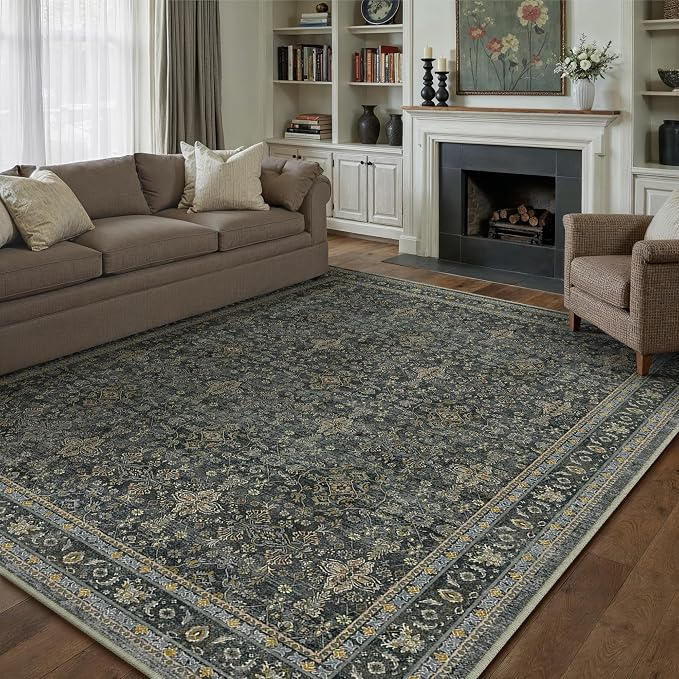 8x10 Area Rug for Living Room Black Vintage Washable Bedroom Carpet Traditional by PureCozy