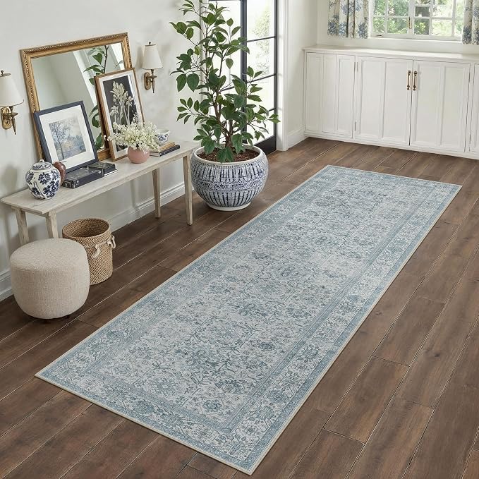 Blue Runner Rug 2x8 Hallway Washable Carpet Soft Vintage Indoor Kitchen Non - Image 5