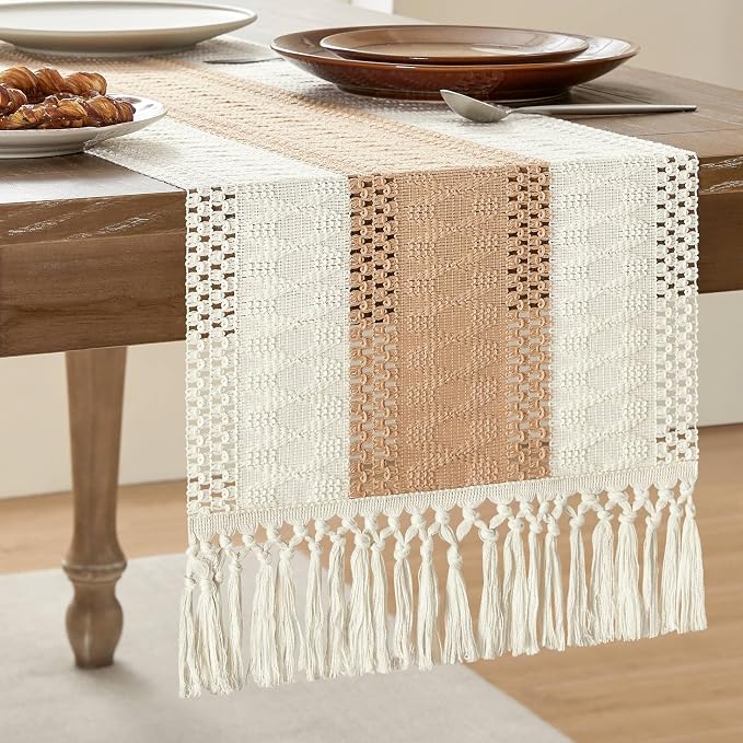 ZeeMart Macrame Style Bicolor Stitching Table Runner, 14 x 72 Inch Beige/Ivory by ZEEMARTONLINE