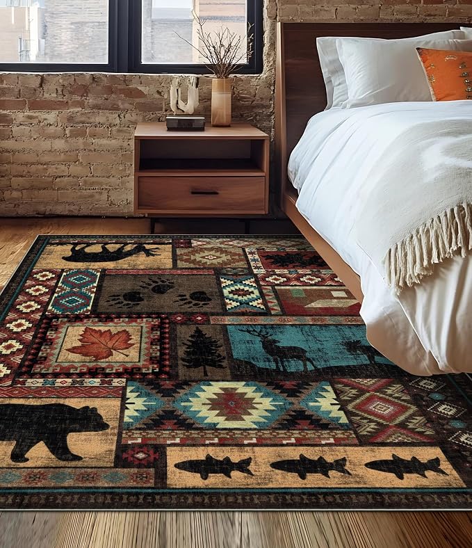 YIHOUSE Rustic Cabin Area Rug 5x7, Machine Washable Lodge Bear Rug, Non-Slip - Image 3