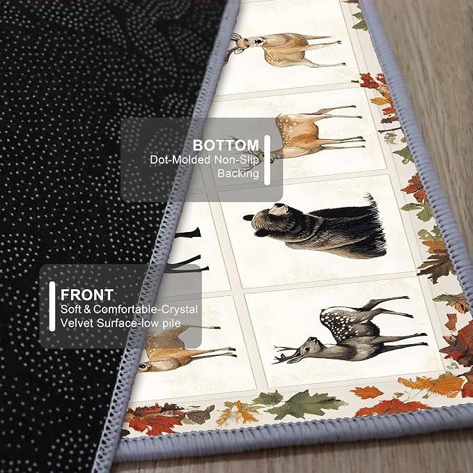 Beige Checkered Maple Bear Elk Hallway Rug 4x10ft Bohemian Vintage Floor Mat - Image 5