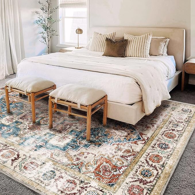 Washable Area Rug 9'x12' Beige Blue Boho Chic Medallion Distressed Design - Image 3