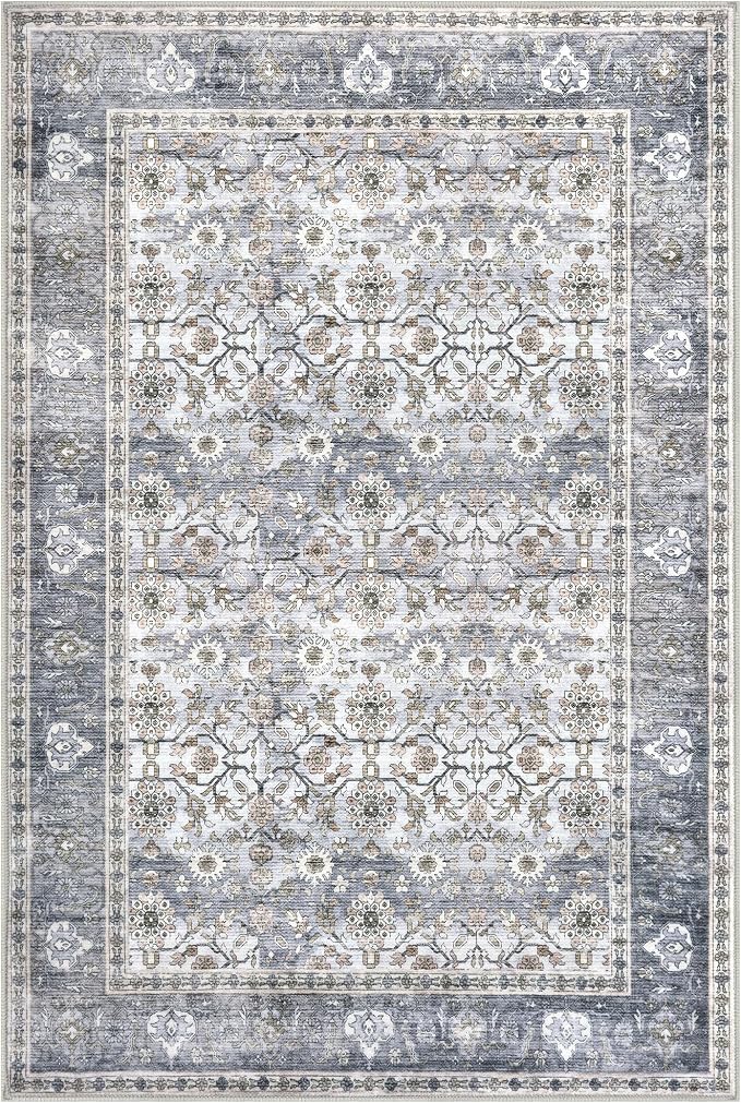 KUTA Vintage Floral Area Rug 6x9 Grey Blue, Washable Rugs - Image 8