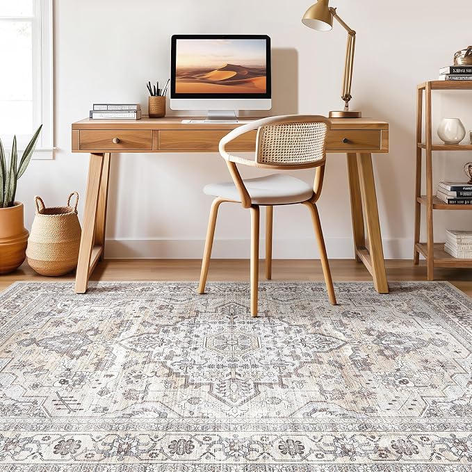 7x10 Area Rug Living Room: Washable Boho Large Neutral Vintage Soft Rugs Stain - Image 7