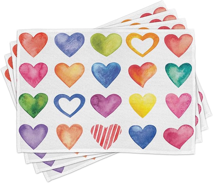 Ambesonne Grunge Place Mats Set of 8, Rainbow Color Heart Shapes Valentine's by Ambesonne