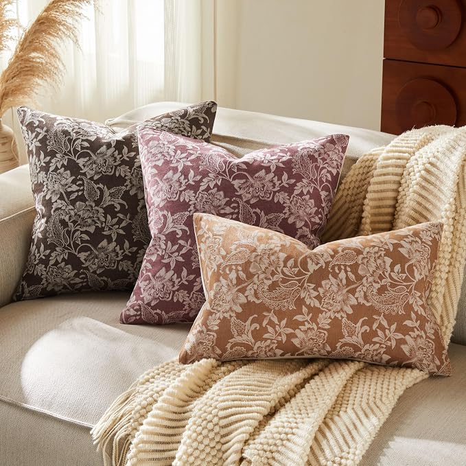 Floral Jacquard Lumbar Throw Pillow Covers Set of 2, Background/Caramal 12x20 - Image 6