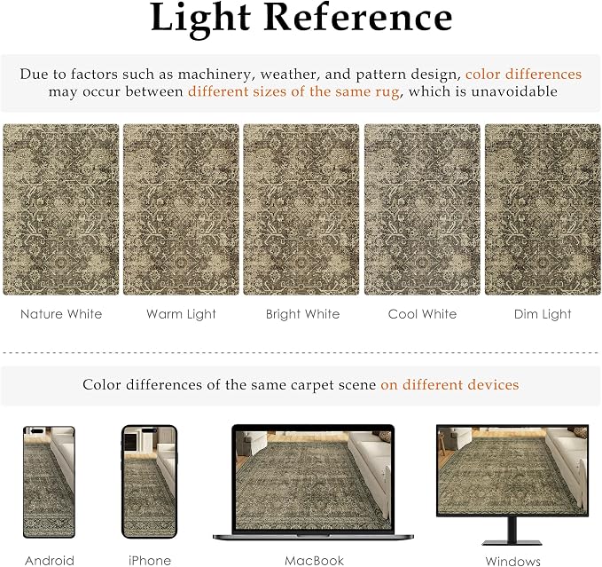Vintage Area Rug 8x10 Light Brown Washable Living Room Bedroom Indoor Carpet - Image 2