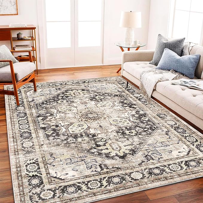 Area Rug 6'x9' Black-Purple Khaki Washable Vintage Traditional Floor Cover Thin by CHAMPLANT