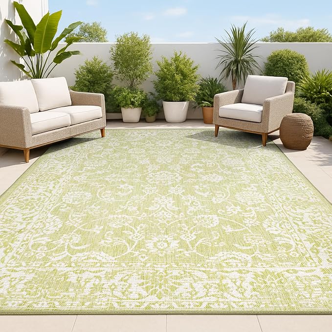 JONATHAN Y Weave Floral Indoor Outdoor Area Rug 3X5 Green/Cream, Tela Bohemian by JONATHANY
