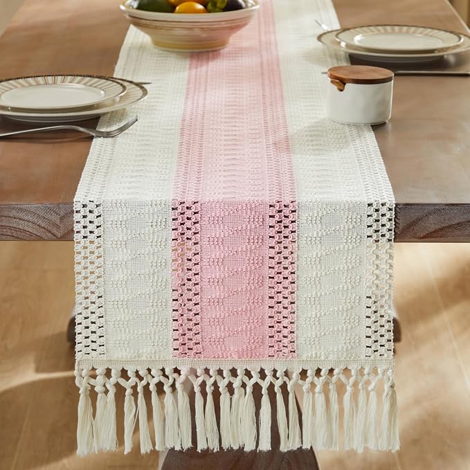 ZeeMart Macrame Style Bicolor Stitching Table Runner, 14 x 48 Inch Light - Image 3
