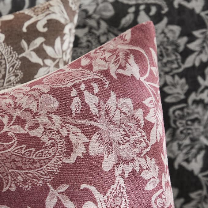 Floral Jacquard Throw Pillow Covers Set of 2, Background/Burgundy 24x24 Inch - Image 2