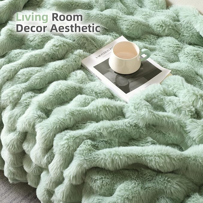 Smoofy Faux Fur Throw Blanket for Couch – Sage Fluffy Cozy Rabbit Fleece - Image 5