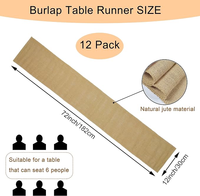 12 Pack Natural Burlap Table Runners, 12 x 72 Inch Rustic Jute Table Runner and - Image 2