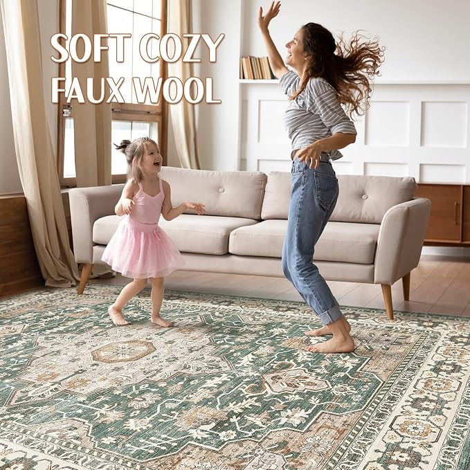 Green Rug Living Room Rugs: 8x10 Washable Boho Large Vintage Soft Stain - Image 3