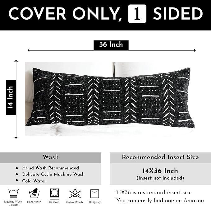 BLISSBLUSH Black Decorative Lumbar Pillow Cover 14X36, Boho Lumbar Throw Pillow - Image 3