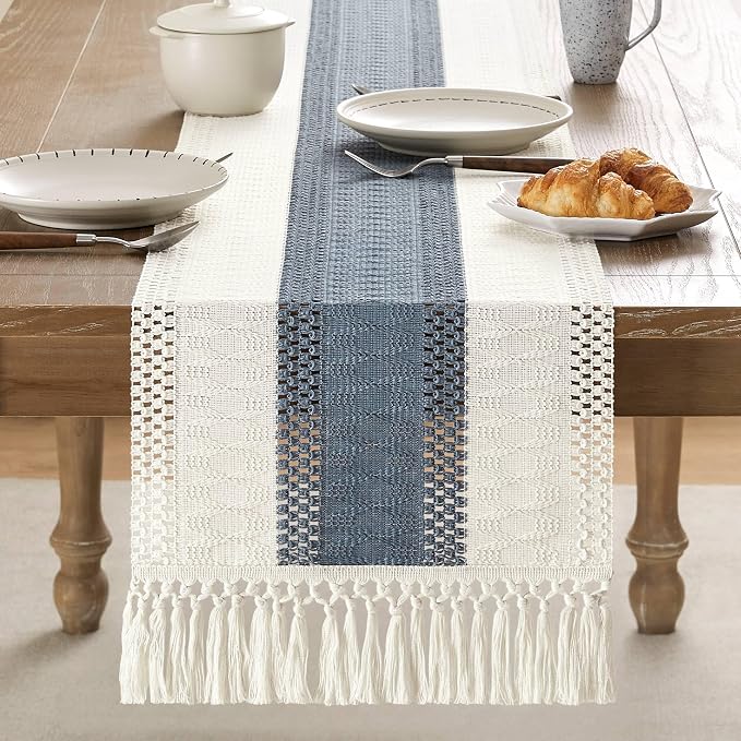 ZeeMart Macrame Style Bicolor Stitching Table Runner, 14 x 60 Inch Navy/Ivory - Image 2