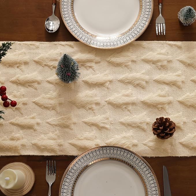 Christmas Tbale Runner 13x120 Inch Soft Plush Faux Fur Jacquard Beige Big Small - Image 3