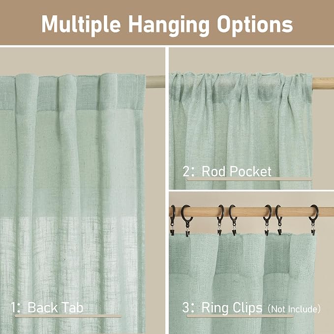 LAMIT Short Linen Window Curtains 30 Inches Long 2 Panels, Light Sage Semi - Image 3