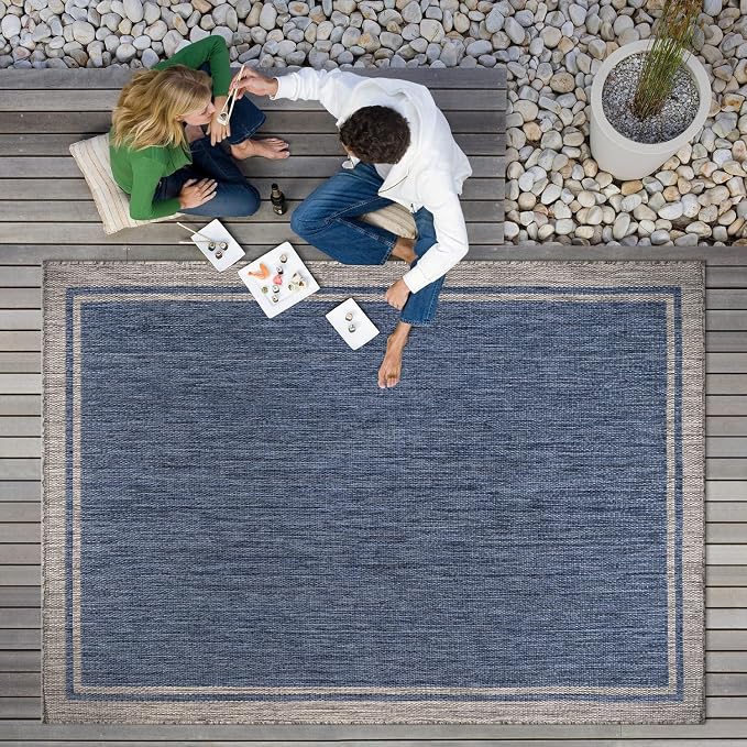 CAMILSON Outdoor Rug, 5x7 Bordered Navy Blue Gray Modern Area Rugs - Image 9