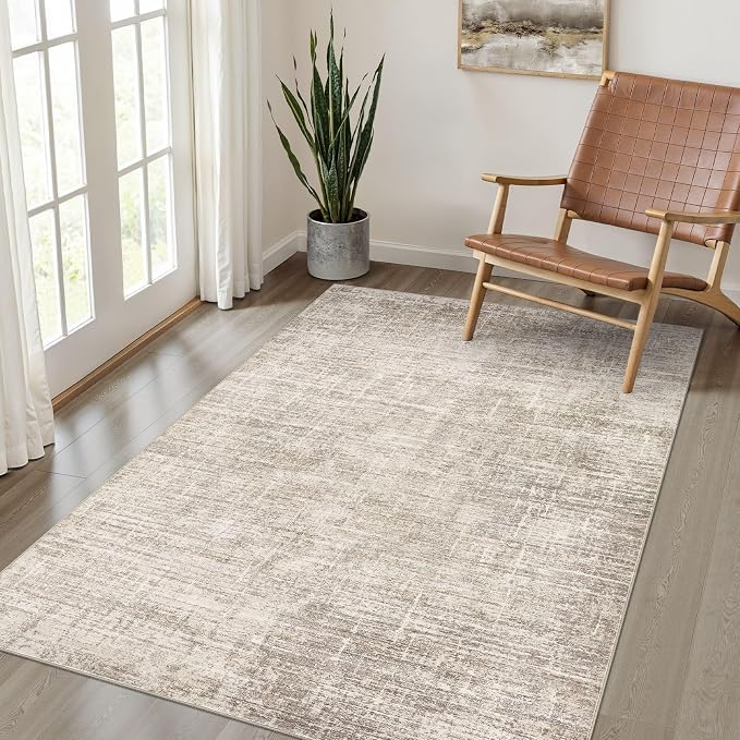 4x6 Rug Washable Area Rugs: Neutral Abstract Soft Modern Stain Resistant Small by LOONGRUG