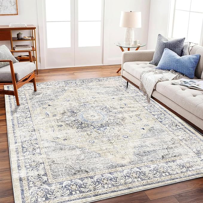 Washable Area Rug 4'x6' Floral Blue Traditional Floor Cover Foldable Thin Rugs - Image 2